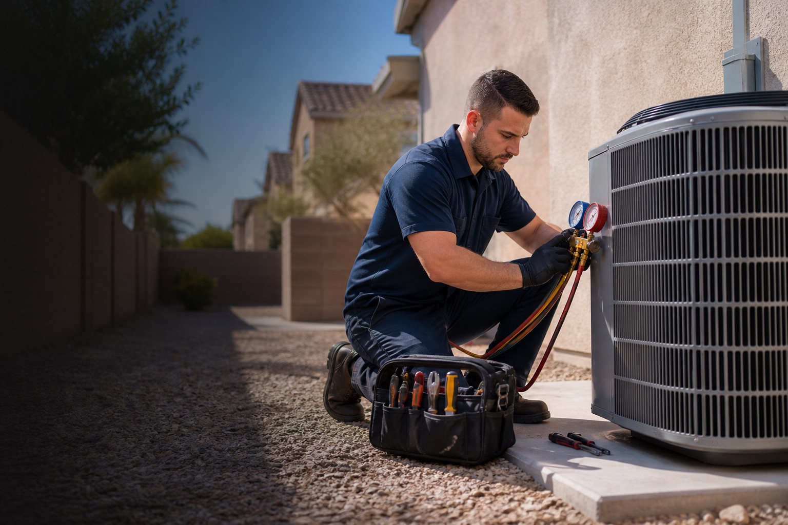Technician inspecting an outdoor AC condenser unit in Las Vegas